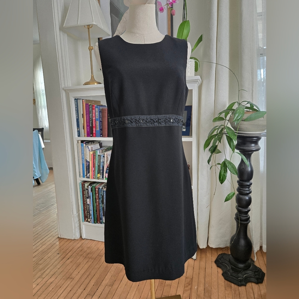 Donna Morgan Black Midi Dress with Beaded Lace Detail